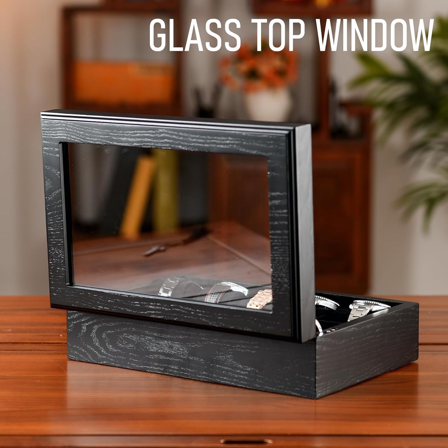10 Watches Box for Men Watch Display Case, Black Wood Luxury Watch Organizer with Large Glass Window, Ultra Smooth Suede Interior (10W-BB)