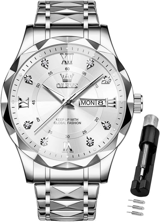 Watches for Men Luxury Diamond Casual Large Dial Watches Stainless Steel Waterproof Business Dress Analog Luminous Date Mens Watches