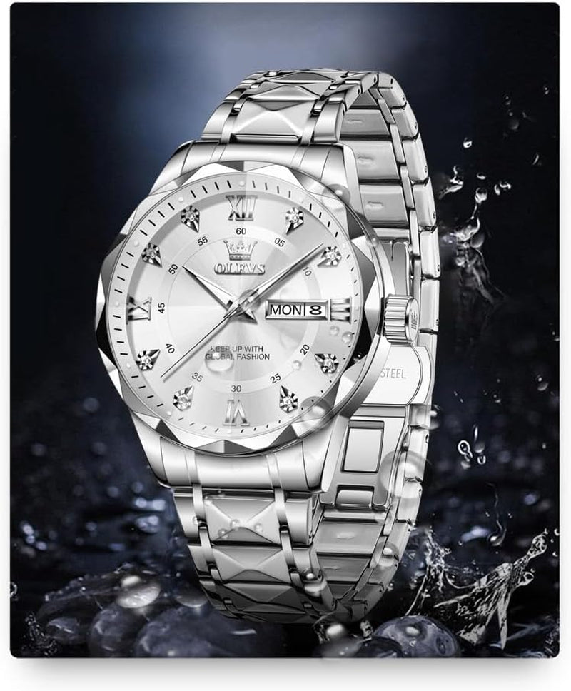 Watches for Men Luxury Diamond Casual Large Dial Watches Stainless Steel Waterproof Business Dress Analog Luminous Date Mens Watches