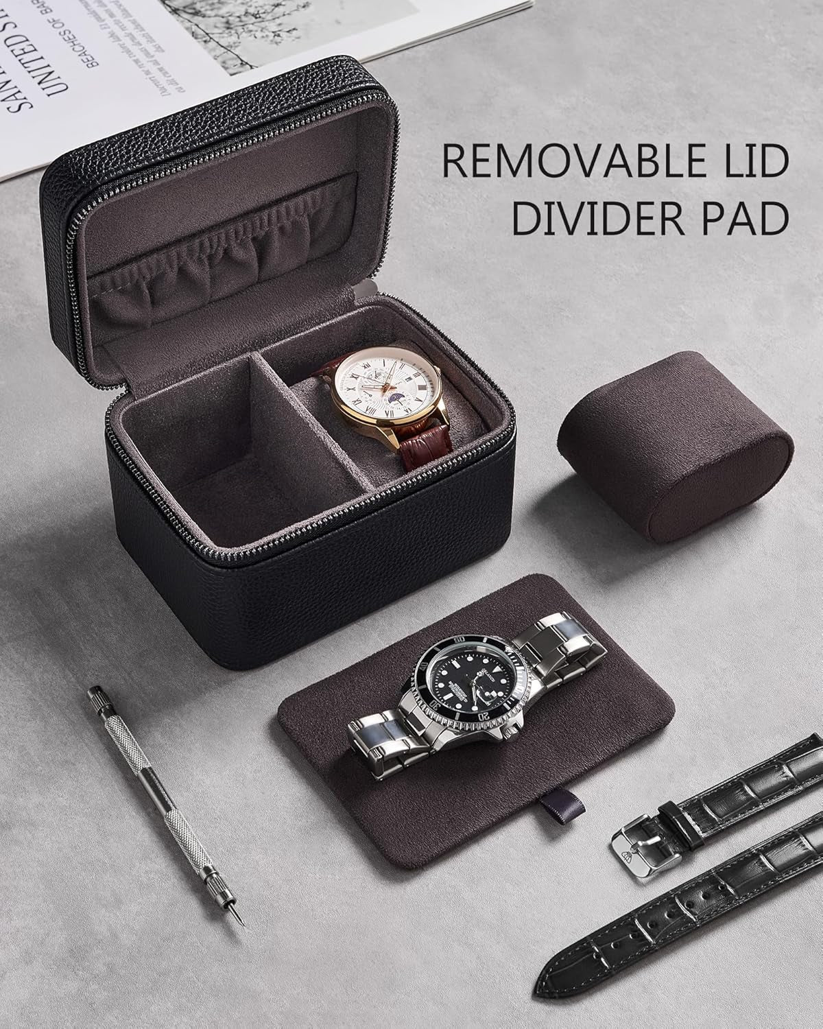 2-Slot Watch Travel Case for Men, PU Leather Portable Watch Holder, Compact Small Carrying Storage Box for Luxury Watches & Smartwatches with Jewelry Compartment, Fathers Day Gift -Black