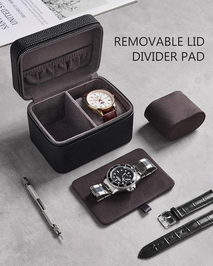 2-Slot Watch Travel Case for Men, PU Leather Portable Watch Holder, Compact Small Carrying Storage Box for Luxury Watches & Smartwatches with Jewelry Compartment, Fathers Day Gift -Black