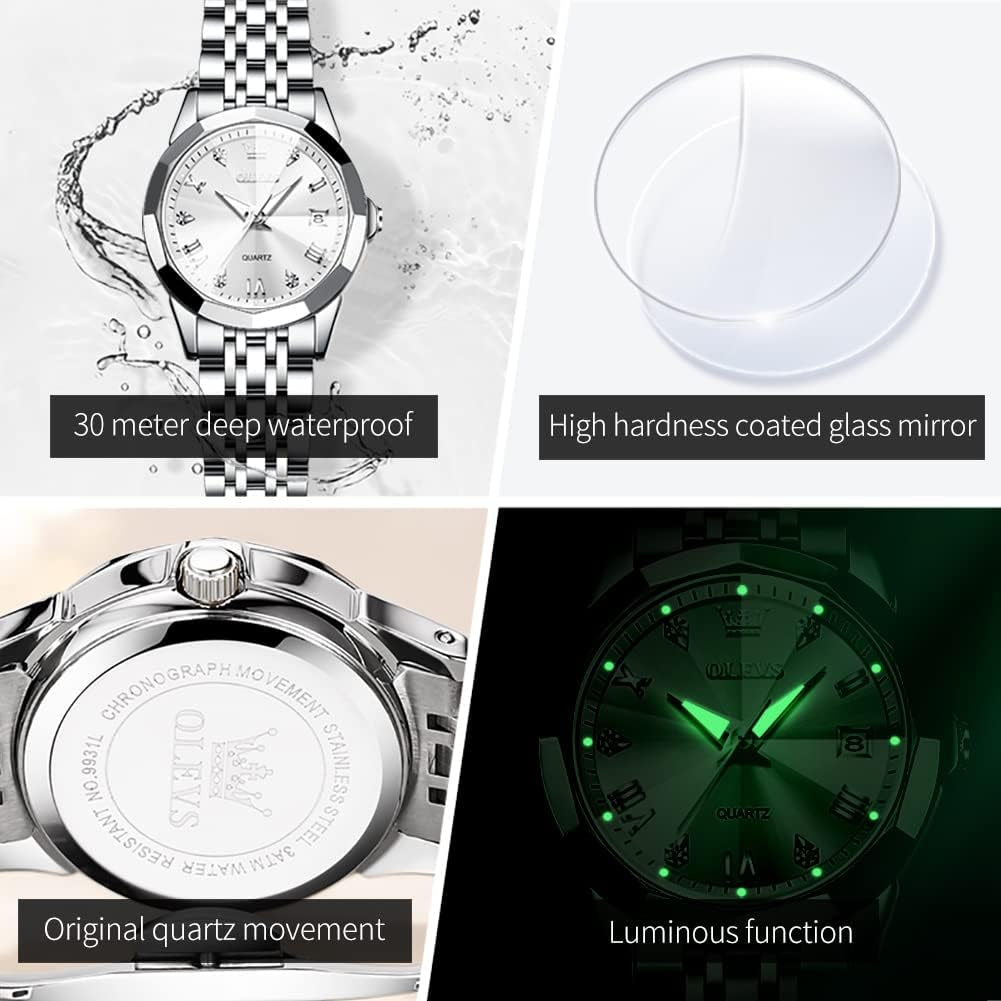 Couple Watch His and Her Set Watches Business Analog Quartz Men and Women Watches Stainless Steel Waterproof Luminous Date Wrist Watch