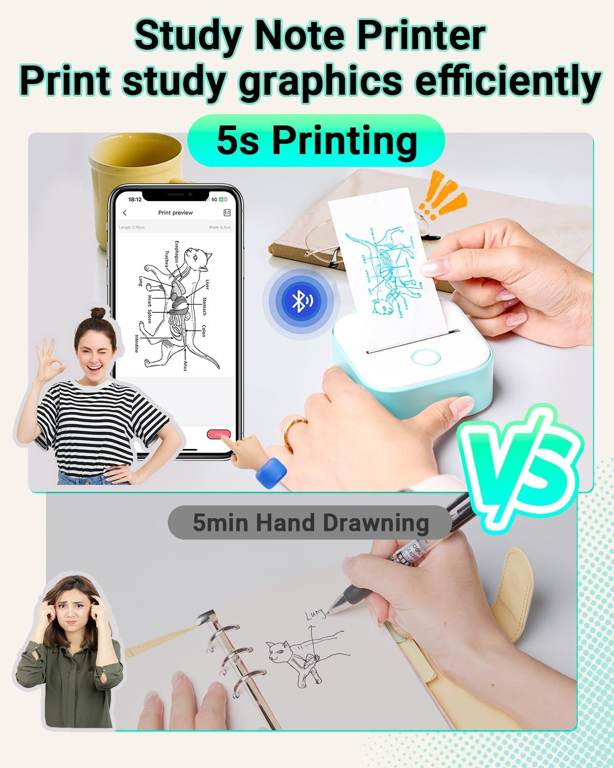 Print Pods Mini Printer and Storage Case - T02 Sticker Printer Portable Thermal Inkless Sticker Maker Machine