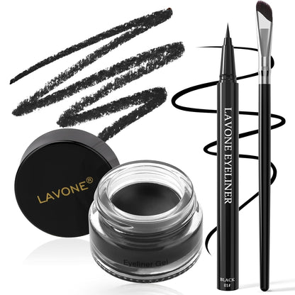 Eyeliner Set - Waterproof Makeup Kit with Liquid Eye Liner Pencil, Gel Eyeliner and Angled Eye Liner Brush, Waterproof, Smudge Resistant, Long Lasting Formula - Black