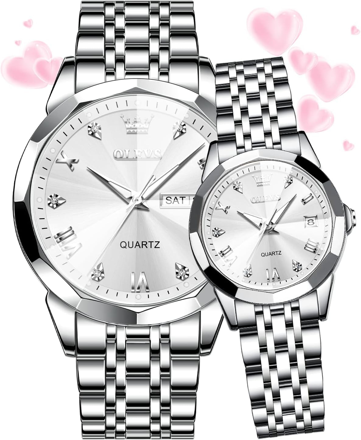 Couple Watch His and Her Set Watches Business Analog Quartz Men and Women Watches Stainless Steel Waterproof Luminous Date Wrist Watch