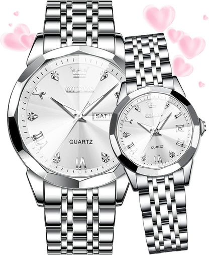 Couple Watch His and Her Set Watches Business Analog Quartz Men and Women Watches Stainless Steel Waterproof Luminous Date Wrist Watch