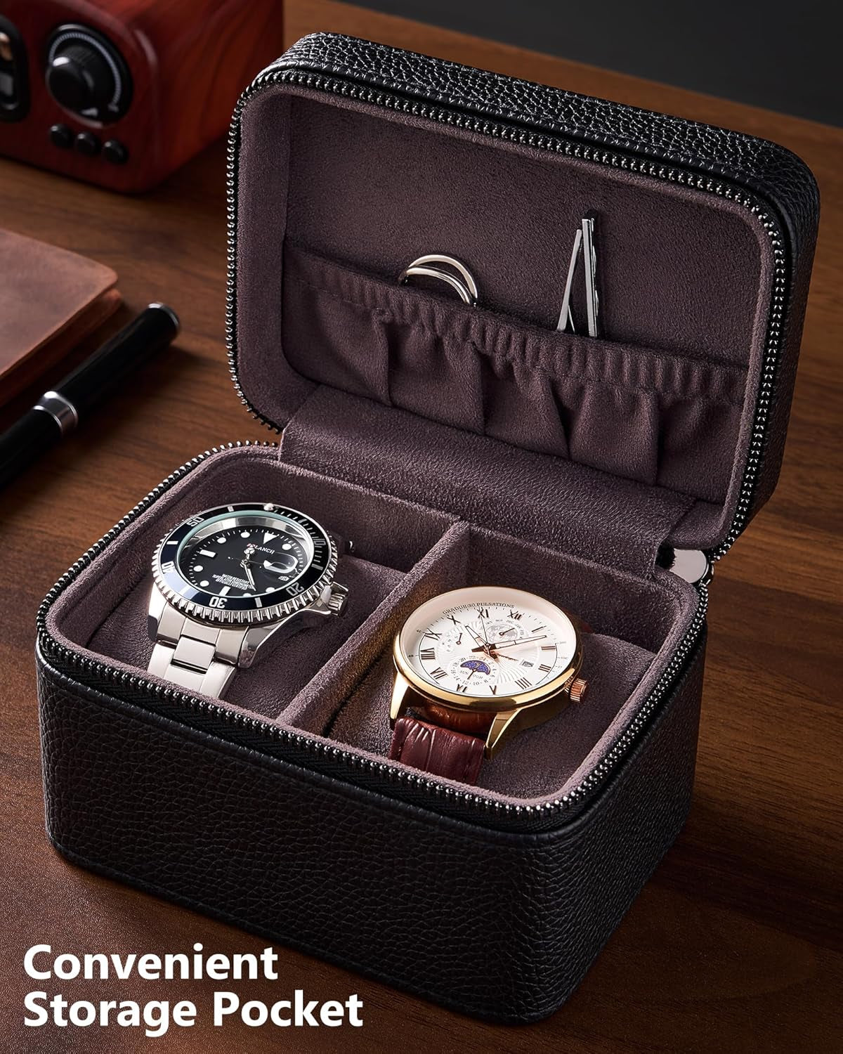 2-Slot Watch Travel Case for Men, PU Leather Portable Watch Holder, Compact Small Carrying Storage Box for Luxury Watches & Smartwatches with Jewelry Compartment, Fathers Day Gift -Black