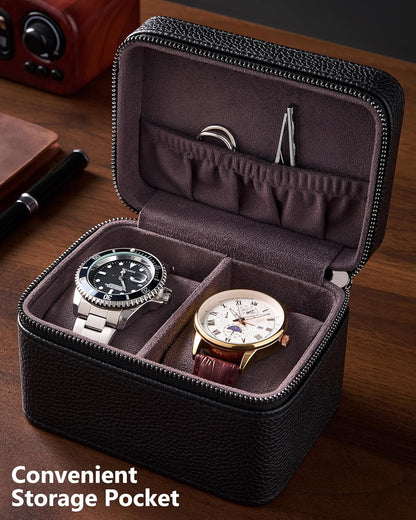 2-Slot Watch Travel Case for Men, PU Leather Portable Watch Holder, Compact Small Carrying Storage Box for Luxury Watches & Smartwatches with Jewelry Compartment, Fathers Day Gift -Black