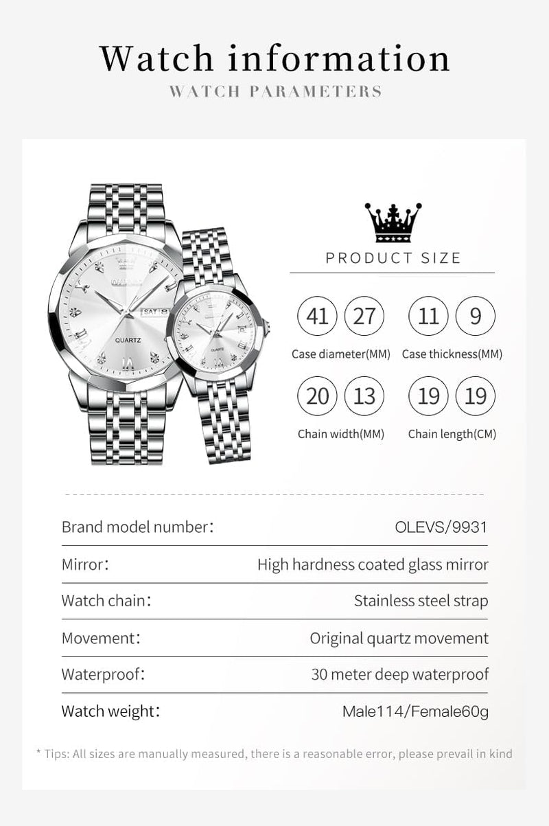 Couple Watch His and Her Set Watches Business Analog Quartz Men and Women Watches Stainless Steel Waterproof Luminous Date Wrist Watch