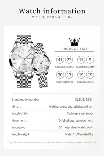 Couple Watch His and Her Set Watches Business Analog Quartz Men and Women Watches Stainless Steel Waterproof Luminous Date Wrist Watch