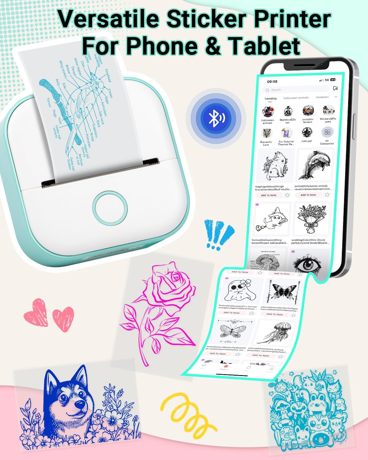 Print Pods Mini Printer and Storage Case - T02 Sticker Printer Portable Thermal Inkless Sticker Maker Machine