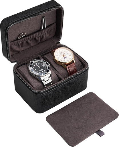2-Slot Watch Travel Case for Men, PU Leather Portable Watch Holder, Compact Small Carrying Storage Box for Luxury Watches & Smartwatches with Jewelry Compartment, Fathers Day Gift -Black