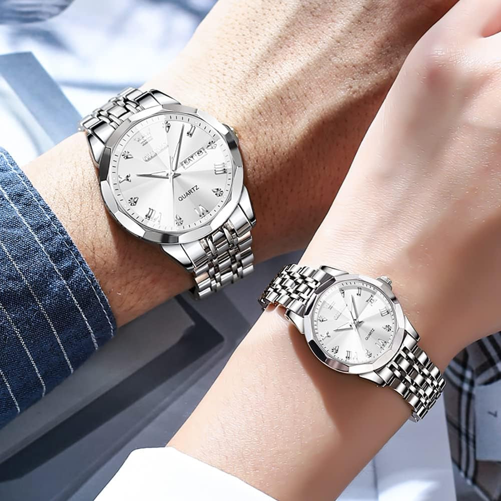 Couple Watch His and Her Set Watches Business Analog Quartz Men and Women Watches Stainless Steel Waterproof Luminous Date Wrist Watch