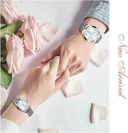 Couple Watch His and Her Set Watches Business Analog Quartz Men and Women Watches Stainless Steel Waterproof Luminous Date Wrist Watch