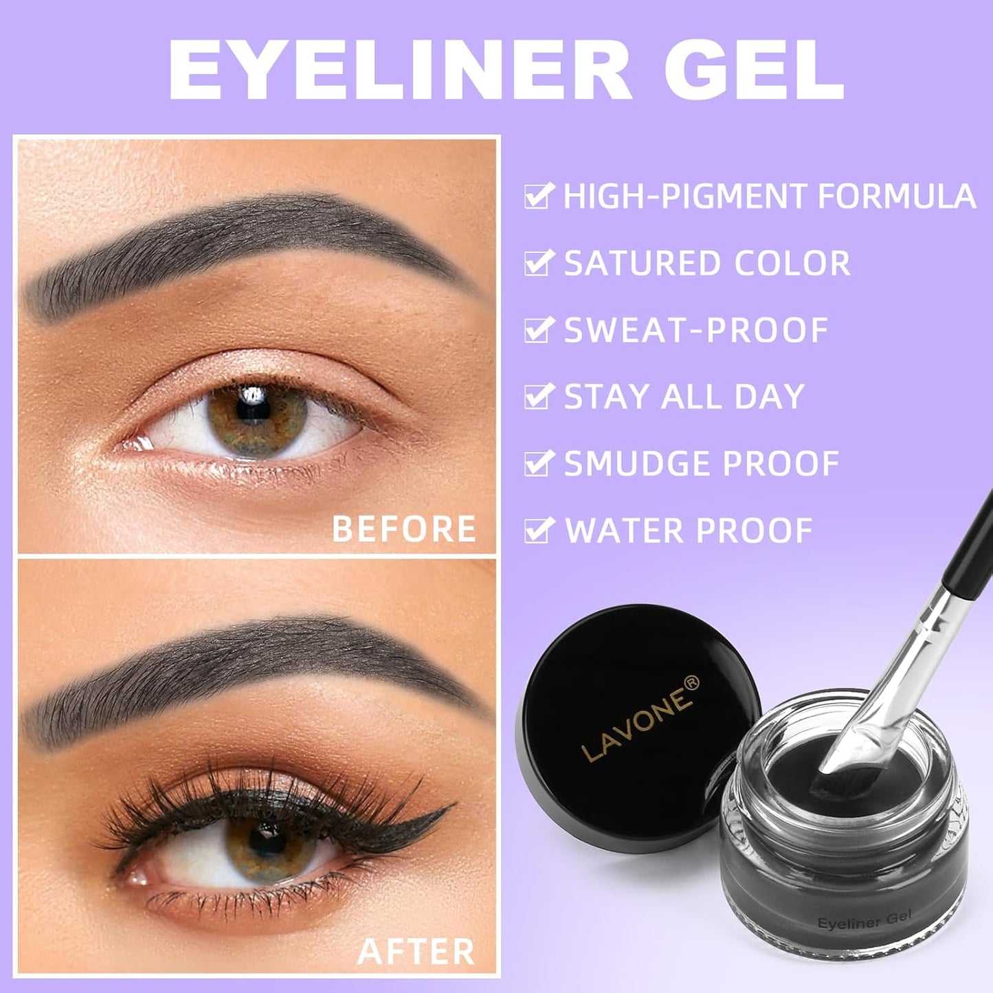 Eyeliner Set - Waterproof Makeup Kit with Liquid Eye Liner Pencil, Gel Eyeliner and Angled Eye Liner Brush, Waterproof, Smudge Resistant, Long Lasting Formula - Black