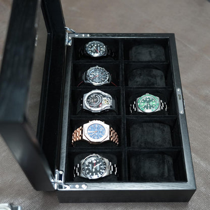10 Watches Box for Men Watch Display Case, Black Wood Luxury Watch Organizer with Large Glass Window, Ultra Smooth Suede Interior (10W-BB)