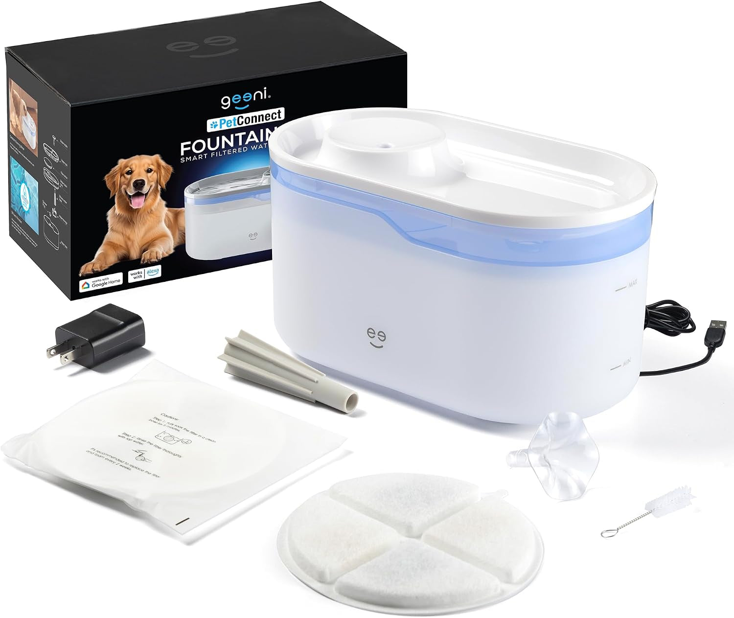 Petconnect 2.6L Smart Pet Water Fountain, Automatic Filtered Water Bowl for Cats and Dogs, Wi-Fi Controlled, Alexa & Google Home Compatible, Clean and Fill Alerts, White