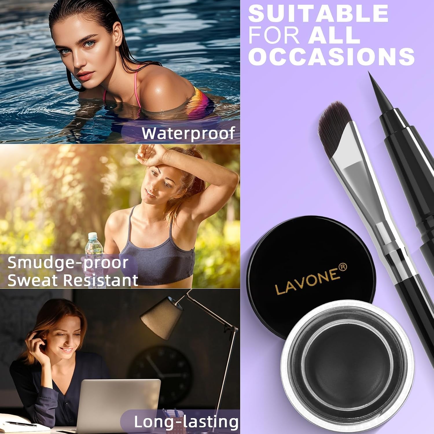 Eyeliner Set - Waterproof Makeup Kit with Liquid Eye Liner Pencil, Gel Eyeliner and Angled Eye Liner Brush, Waterproof, Smudge Resistant, Long Lasting Formula - Black