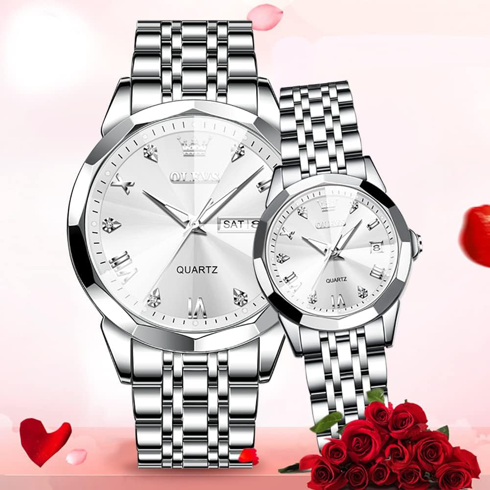 Couple Watch His and Her Set Watches Business Analog Quartz Men and Women Watches Stainless Steel Waterproof Luminous Date Wrist Watch