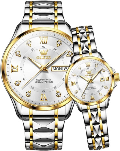 Couple Watch His and Her Set Watches Business Analog Quartz Men and Women Watches Stainless Steel Waterproof Luminous Date Wrist Watch
