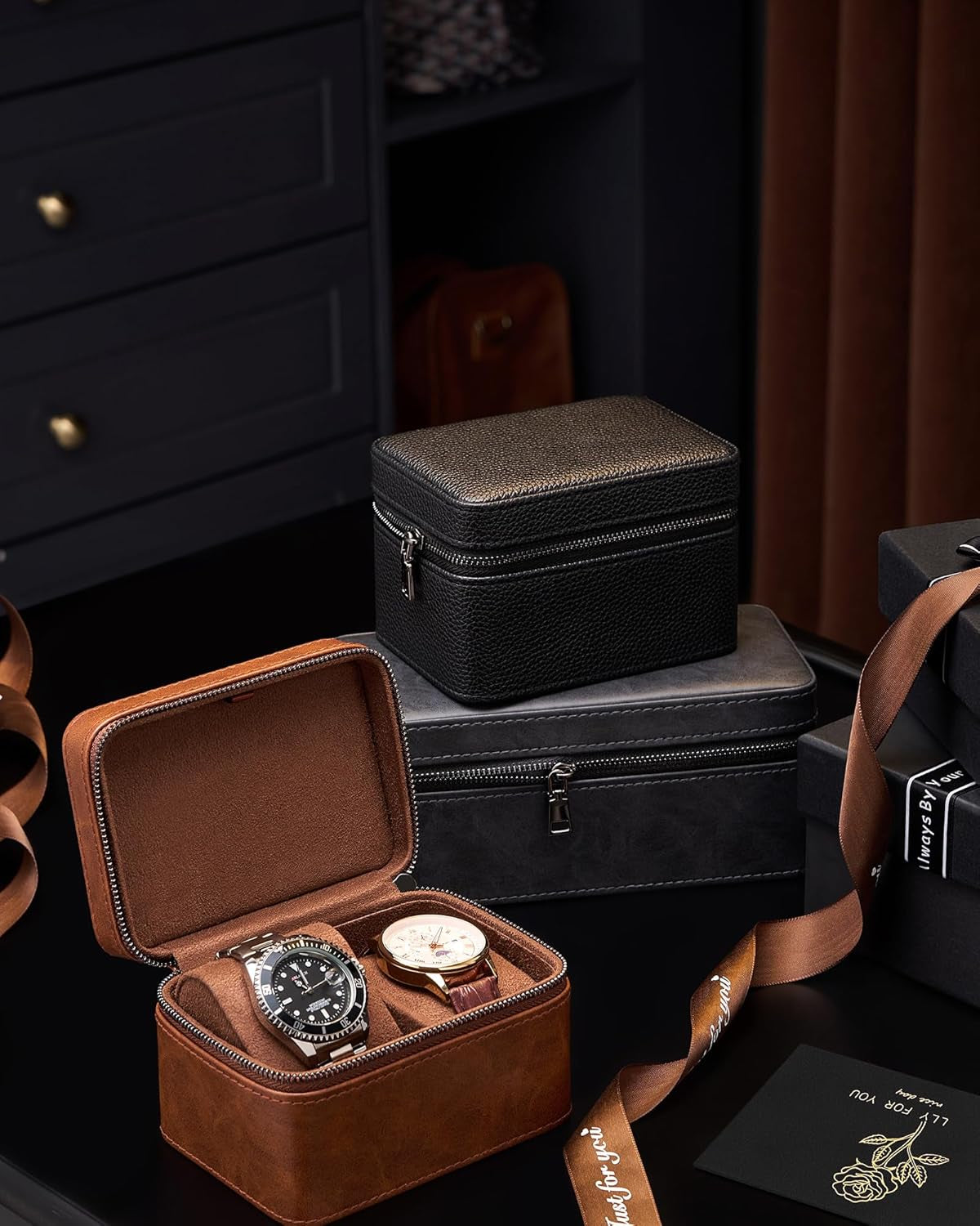 2-Slot Watch Travel Case for Men, PU Leather Portable Watch Holder, Compact Small Carrying Storage Box for Luxury Watches & Smartwatches with Jewelry Compartment, Fathers Day Gift -Black