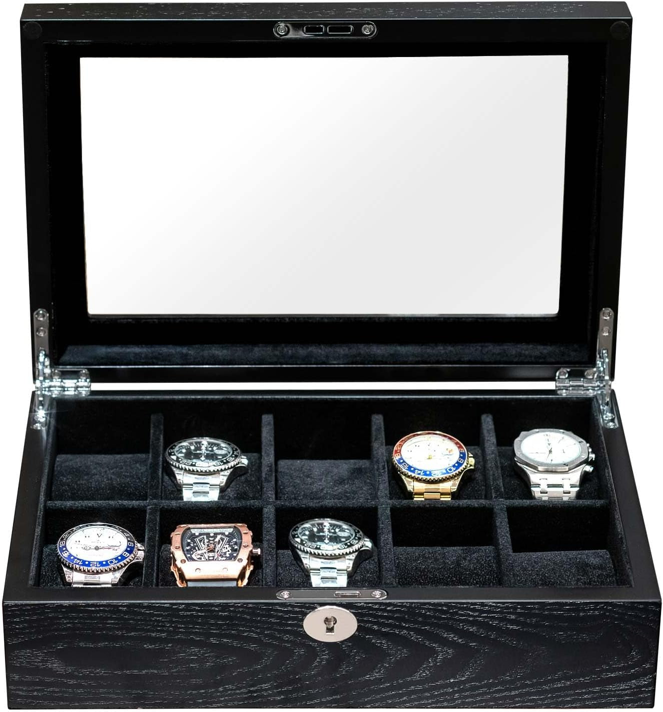 10 Watches Box for Men Watch Display Case, Black Wood Luxury Watch Organizer with Large Glass Window, Ultra Smooth Suede Interior (10W-BB)