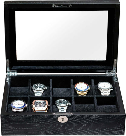 10 Watches Box for Men Watch Display Case, Black Wood Luxury Watch Organizer with Large Glass Window, Ultra Smooth Suede Interior (10W-BB)