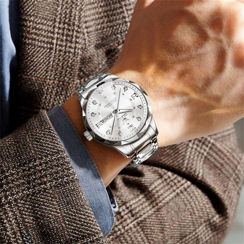 Watches for Men Luxury Diamond Casual Large Dial Watches Stainless Steel Waterproof Business Dress Analog Luminous Date Mens Watches