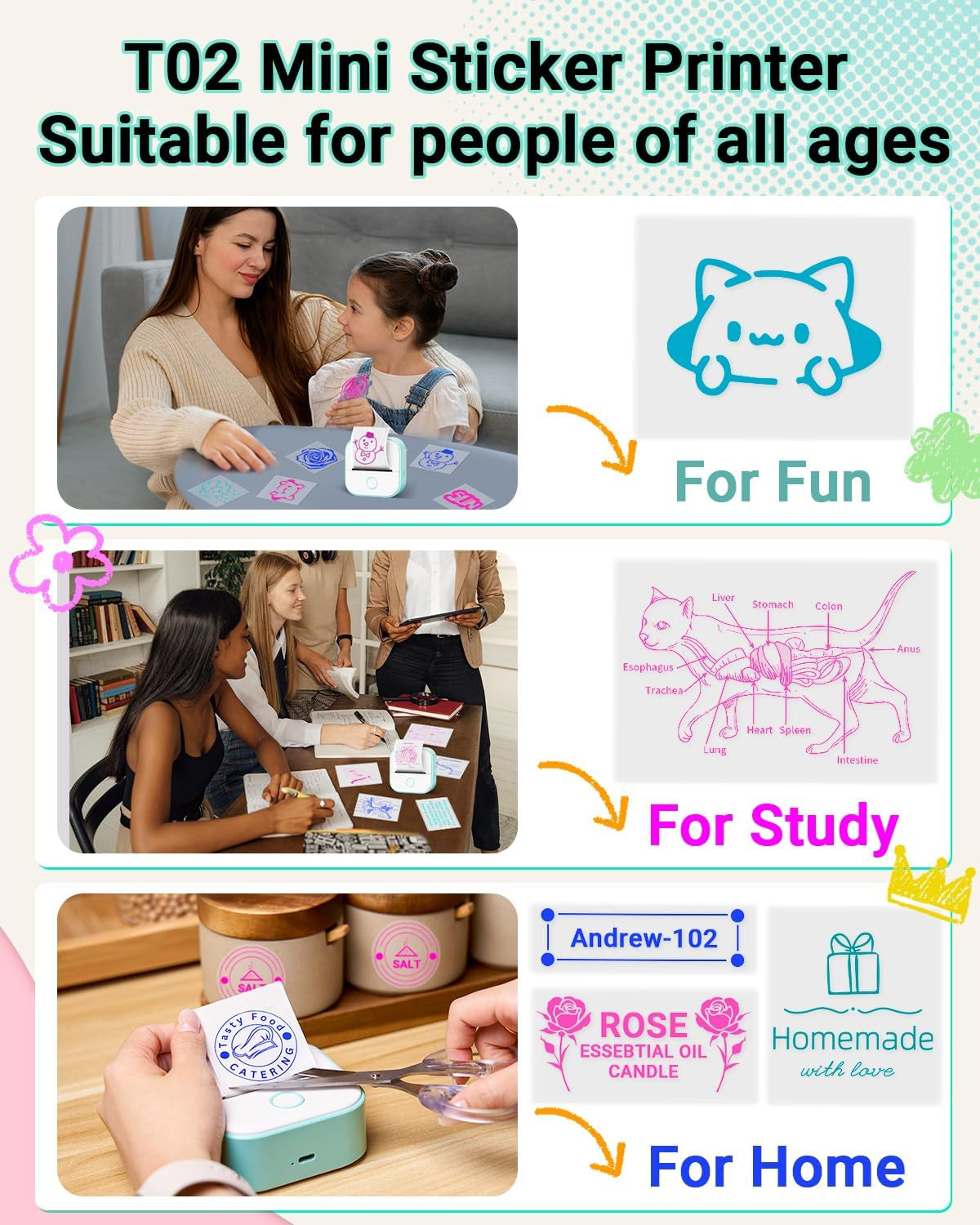Print Pods Mini Printer and Storage Case - T02 Sticker Printer Portable Thermal Inkless Sticker Maker Machine
