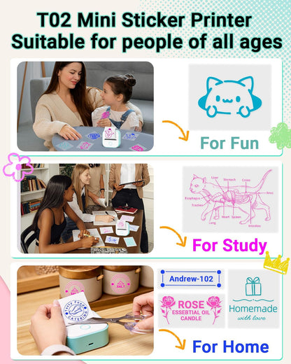 Print Pods Mini Printer and Storage Case - T02 Sticker Printer Portable Thermal Inkless Sticker Maker Machine