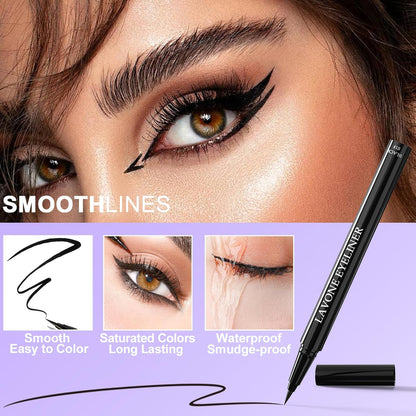 Eyeliner Set - Waterproof Makeup Kit with Liquid Eye Liner Pencil, Gel Eyeliner and Angled Eye Liner Brush, Waterproof, Smudge Resistant, Long Lasting Formula - Black