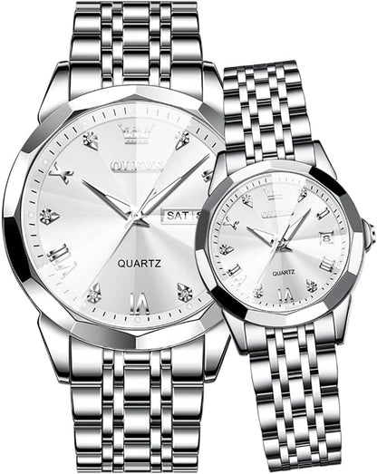 Couple Watch His and Her Set Watches Business Analog Quartz Men and Women Watches Stainless Steel Waterproof Luminous Date Wrist Watch