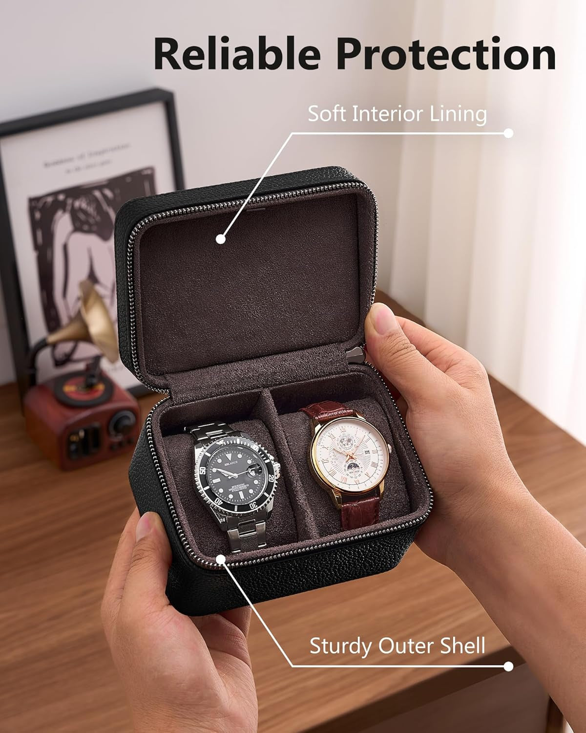 2-Slot Watch Travel Case for Men, PU Leather Portable Watch Holder, Compact Small Carrying Storage Box for Luxury Watches & Smartwatches with Jewelry Compartment, Fathers Day Gift -Black