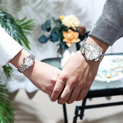Couple Watch His and Her Set Watches Business Analog Quartz Men and Women Watches Stainless Steel Waterproof Luminous Date Wrist Watch